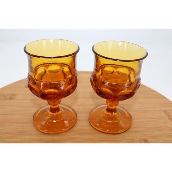 Indiana Glass Company Dark Amber Kings Crown Thumbprint Wine Goblet Vintage 2 - Picture 1 of 8